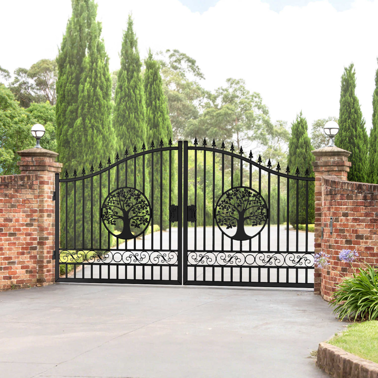 14' × 8' Galvanized-Steel Dual-Swing Driveway Gate with Tree Design