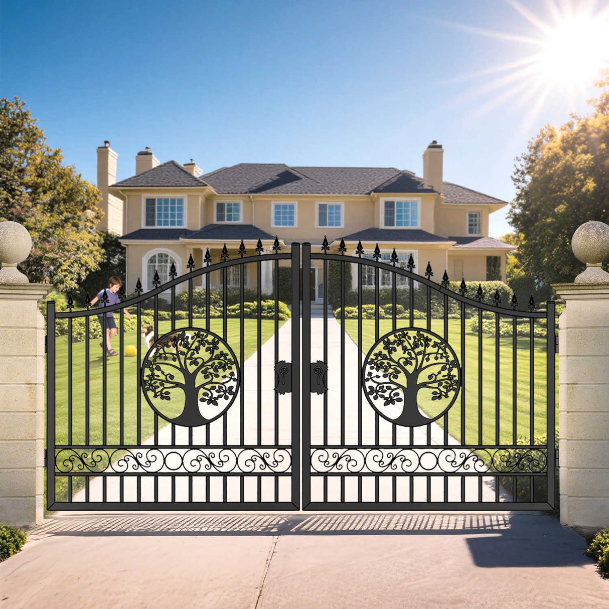 14' × 8' Galvanized-Steel Dual-Swing Driveway Gate with Tree Design