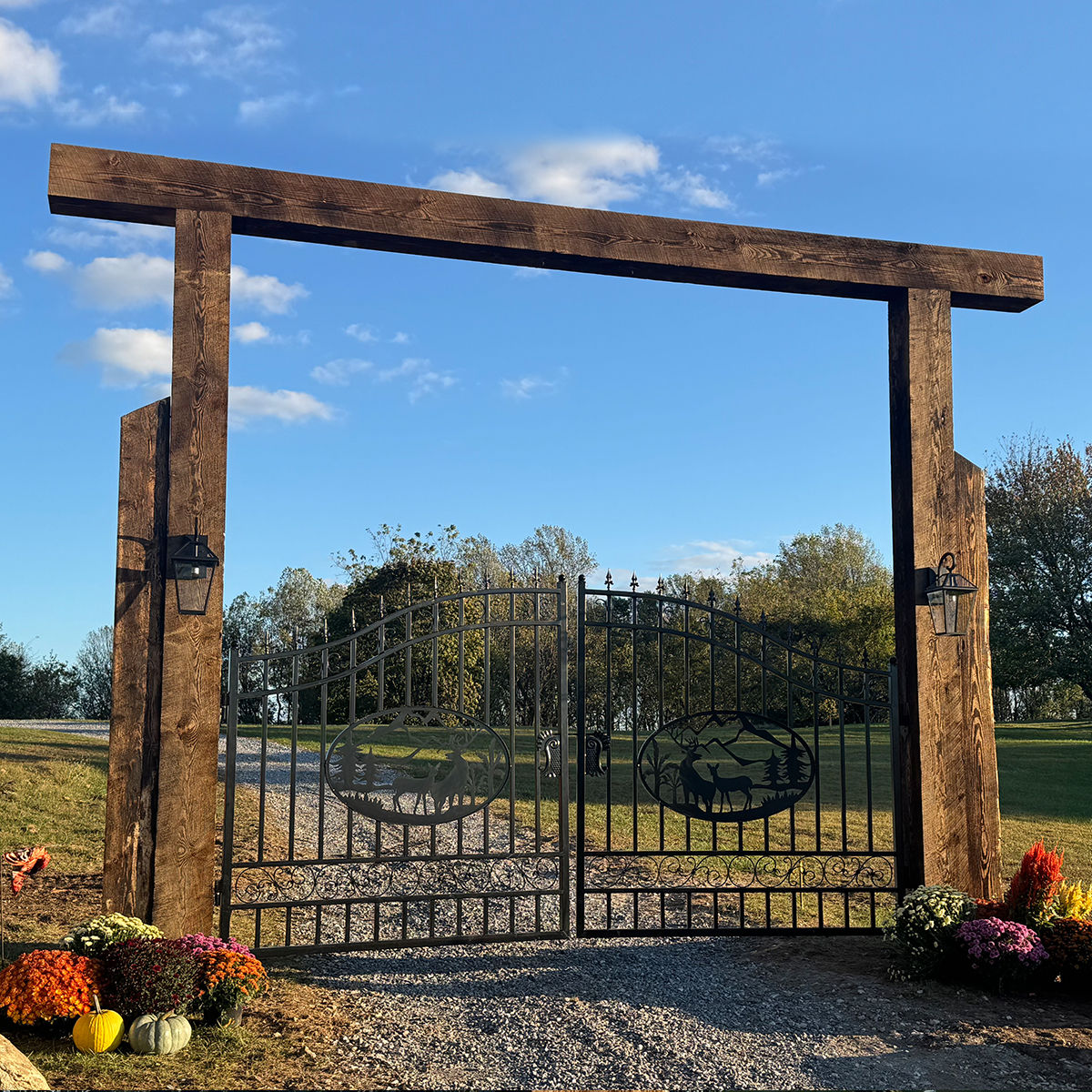 14' × 8' Steel Dual-Swing Driveway Gate with Deer Motif – Black