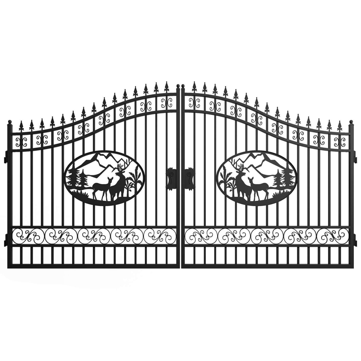 14' × 8' Steel Dual-Swing Driveway Gate with Deer Motif – Black