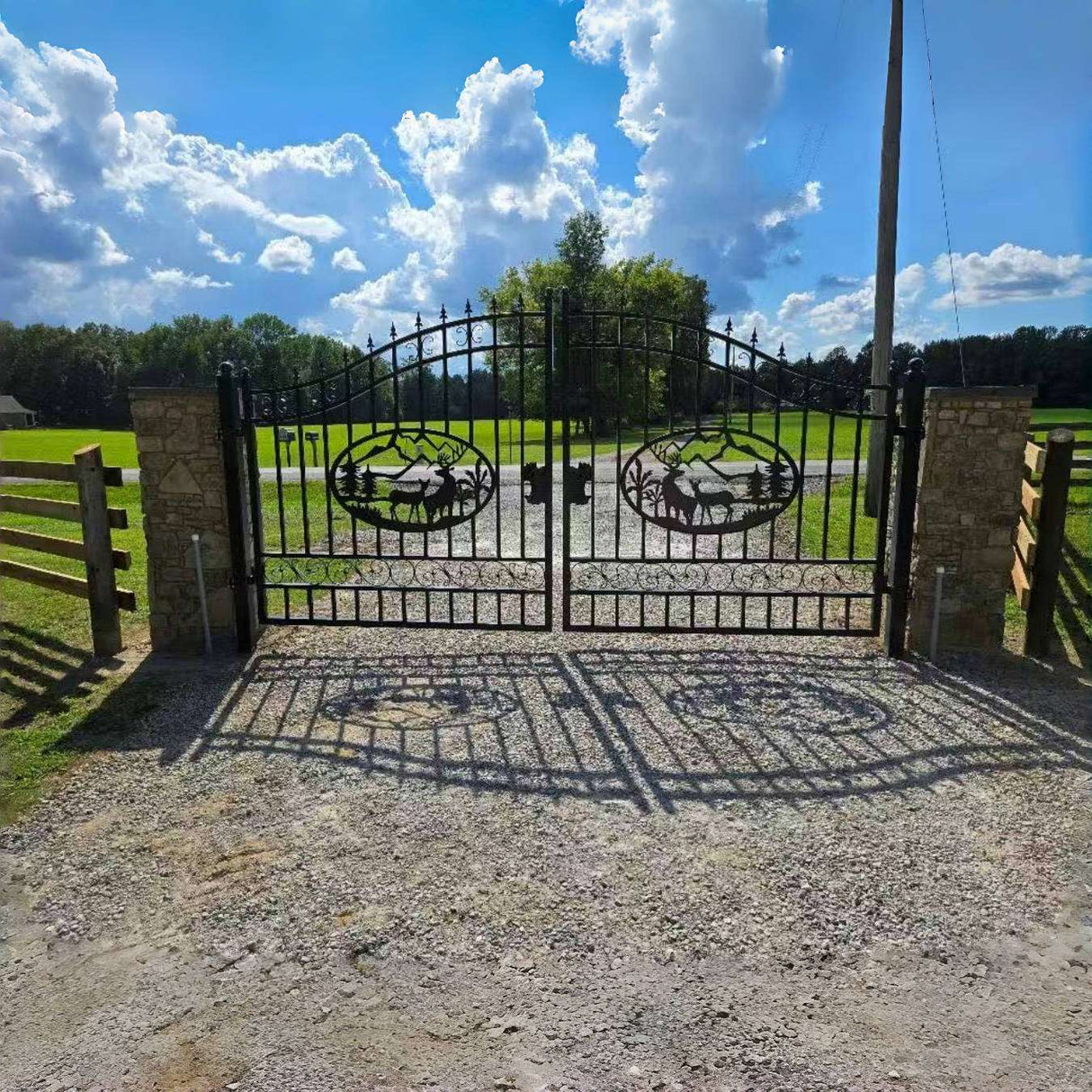 14' × 8' Steel Dual-Swing Driveway Gate with Deer Motif – Black