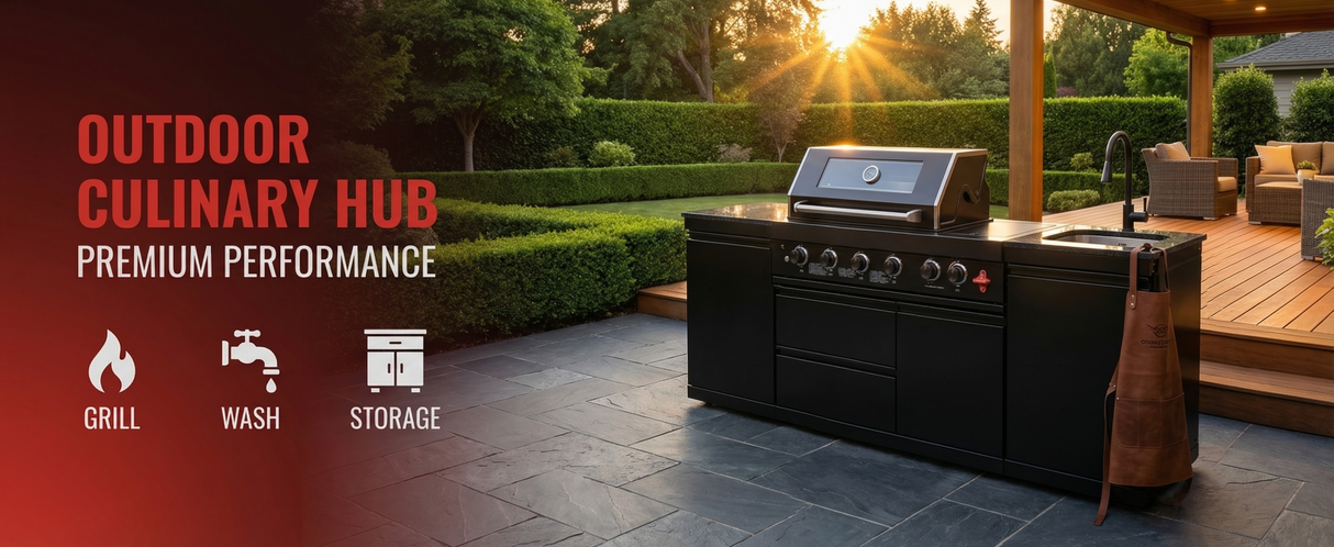 85" 4-Burner 85,000 BTU Outdoor Kitchen Island with Sink & Refrigerator – Black