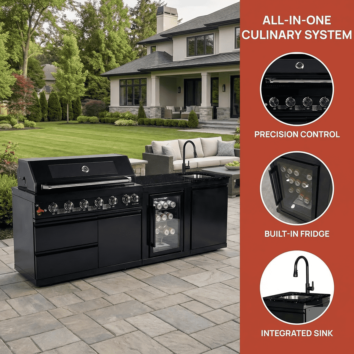 82" 85,000 BTU Outdoor Kitchen with 6-Burner Grill, Sink & Beverage Refrigerator – Black