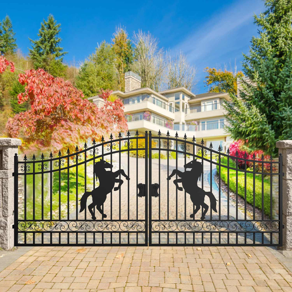 16' × 7' Steel Dual-Swing Driveway Gate with Horse Design