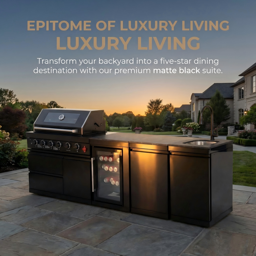 104" Stainless Steel Outdoor Kitchen Island with 4-Burner Grill, Beverage Cooler & Sink – Black