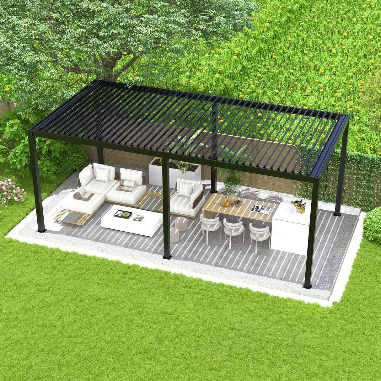 Adjustable Louvered Pergola with Hand Crank & Drainage System – Black
