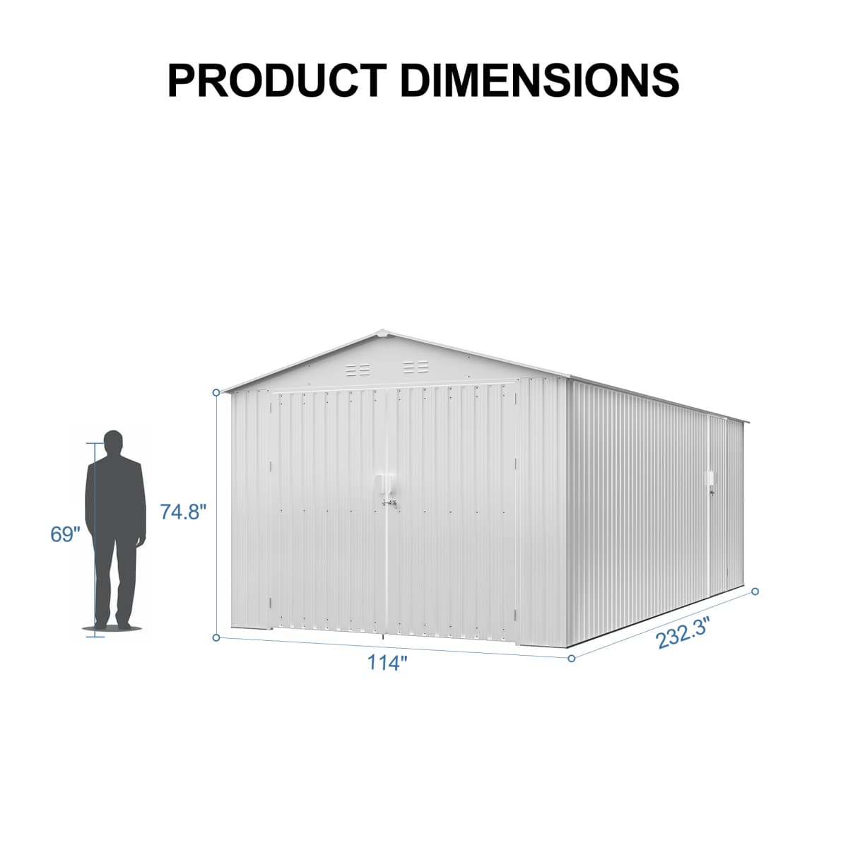 10' × 20' Plus Metal Garage Shed with Double Front Doors & Side Entry