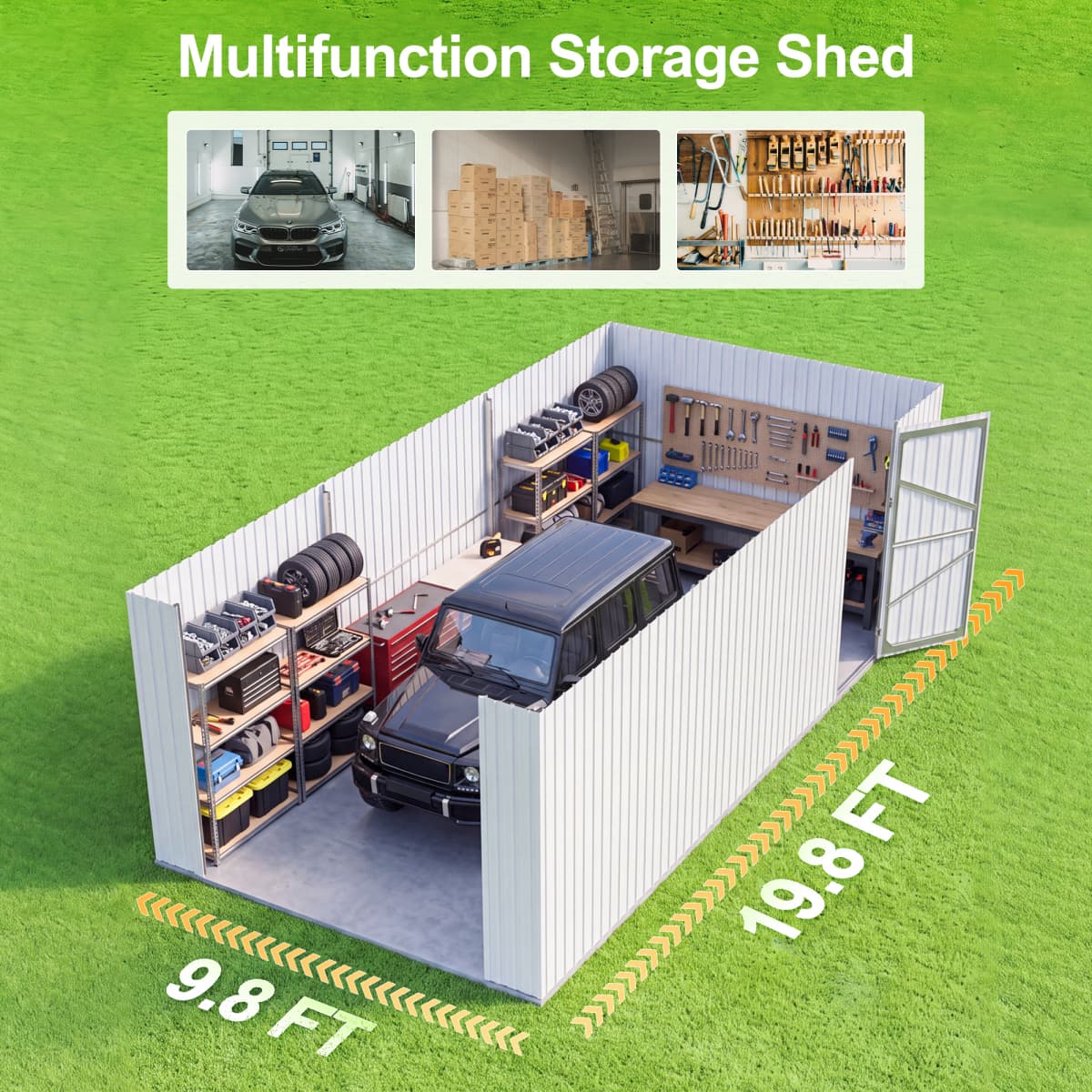 10' × 20' Plus Metal Garage Shed with Double Front Doors & Side Entry