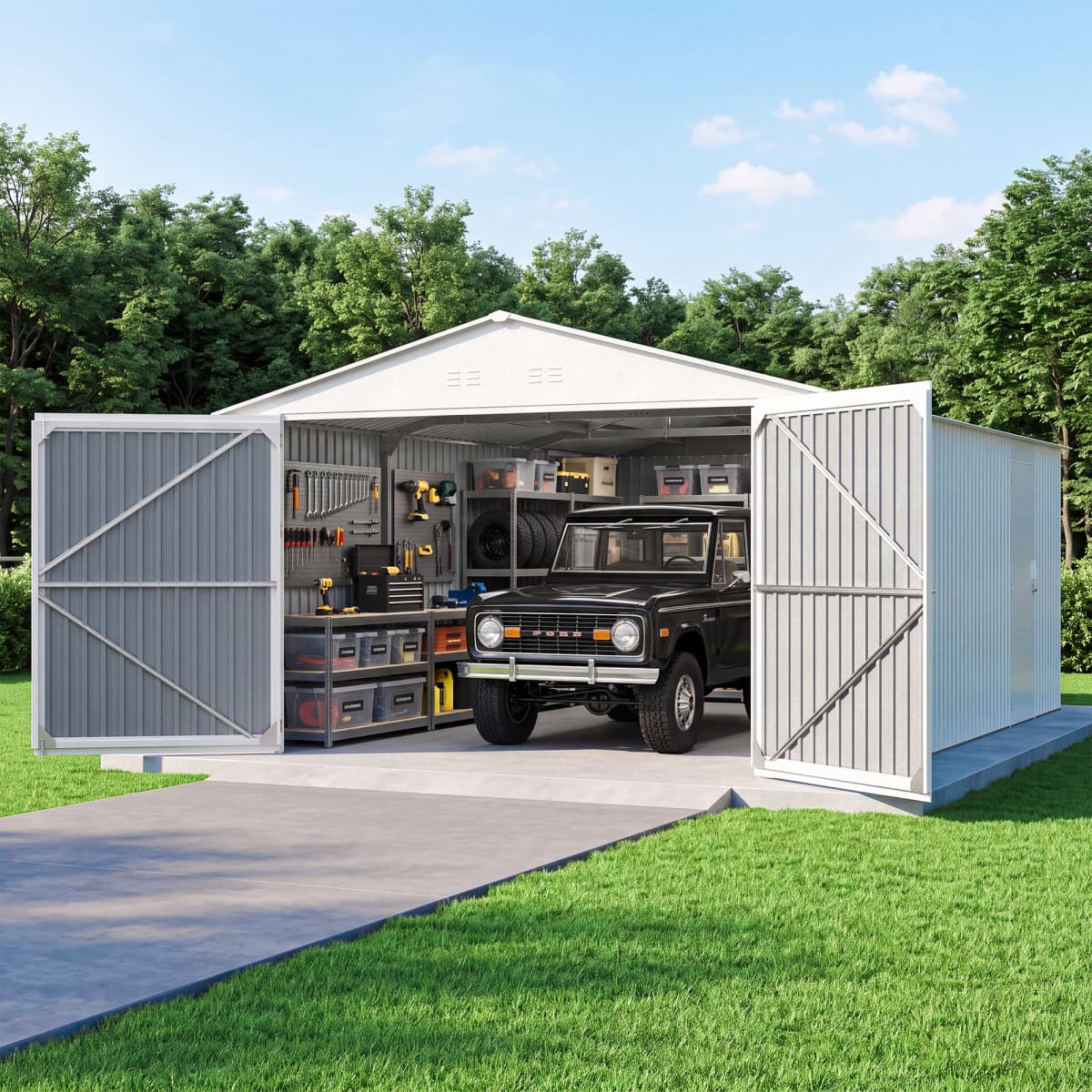 13' × 20' Upgraded Metal Garage Shed with Double Front Doors & Side Entry