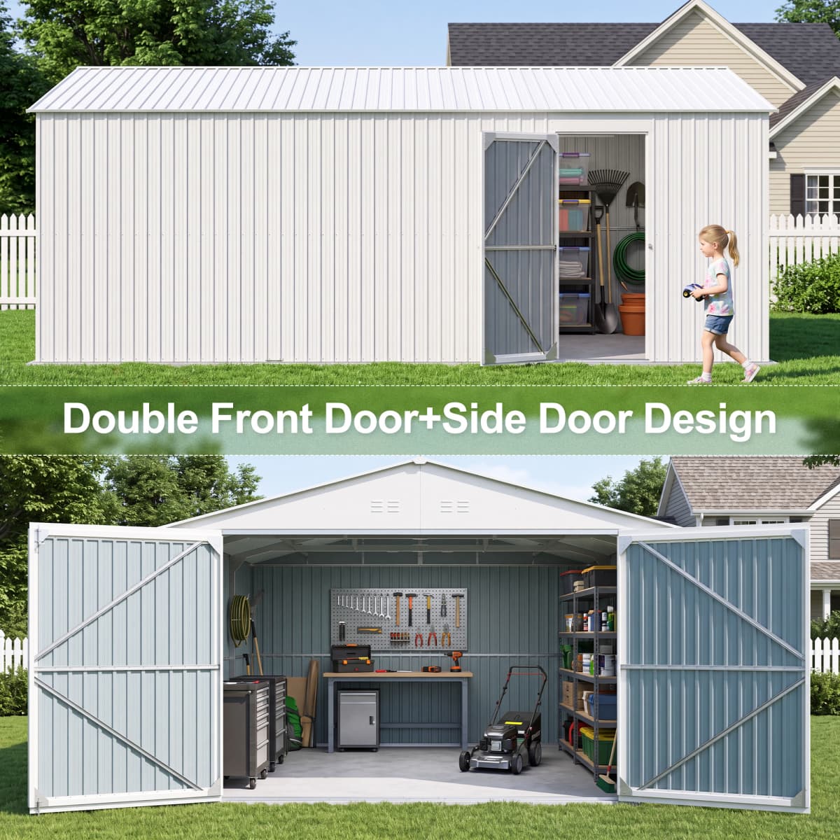 13' × 20' Upgraded Metal Garage Shed with Double Front Doors & Side Entry