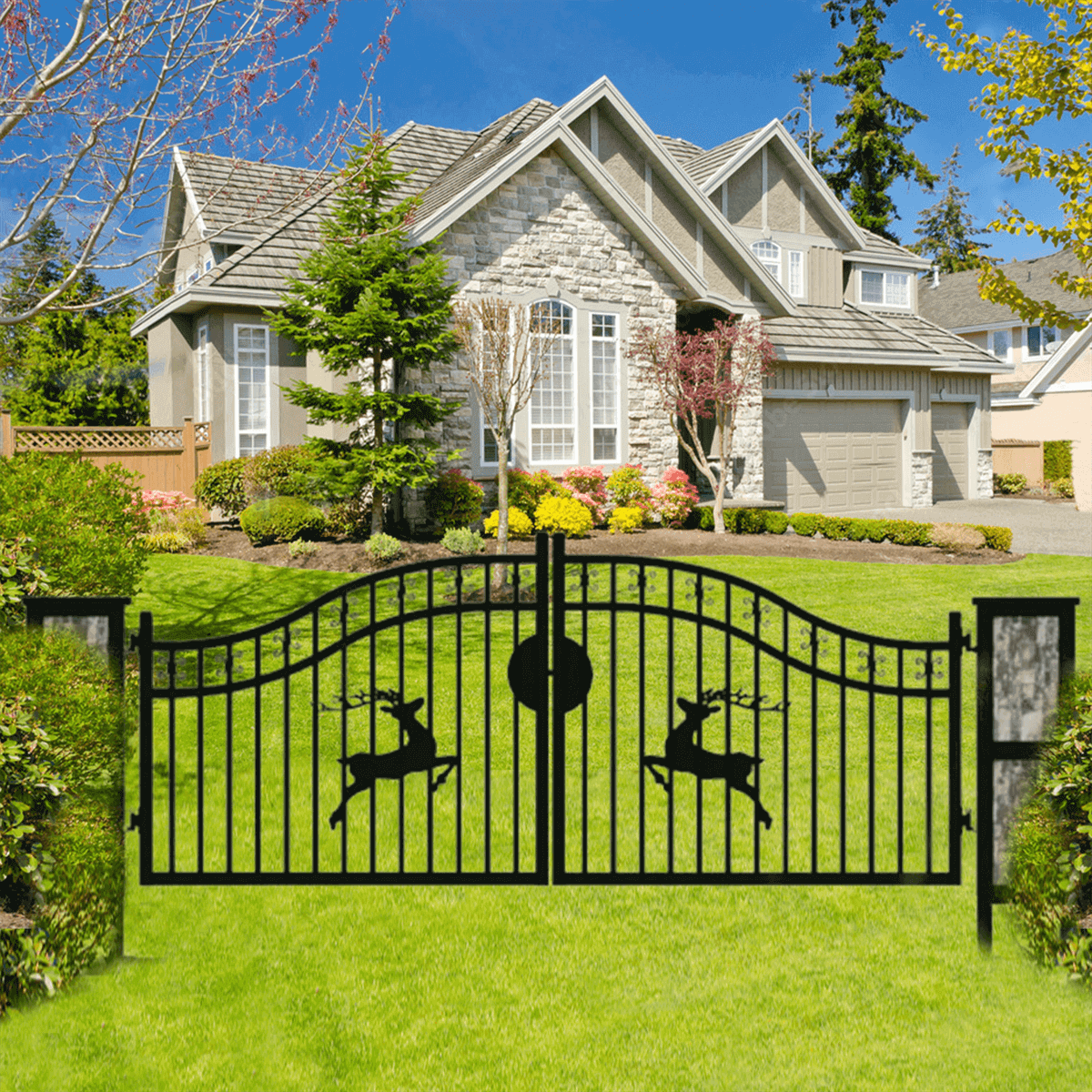 20' × 8' Powder-Coated Iron Dual-Swing Driveway Gate with Deer Motif