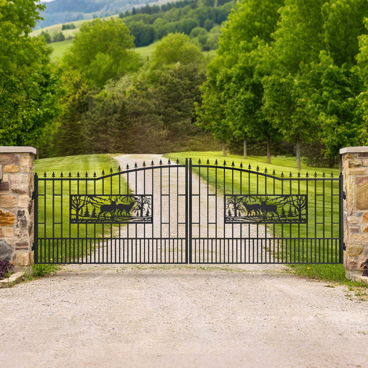 18.7' × 7.1' Powder-Coated Dual-Swing Driveway Gate with Deer Design