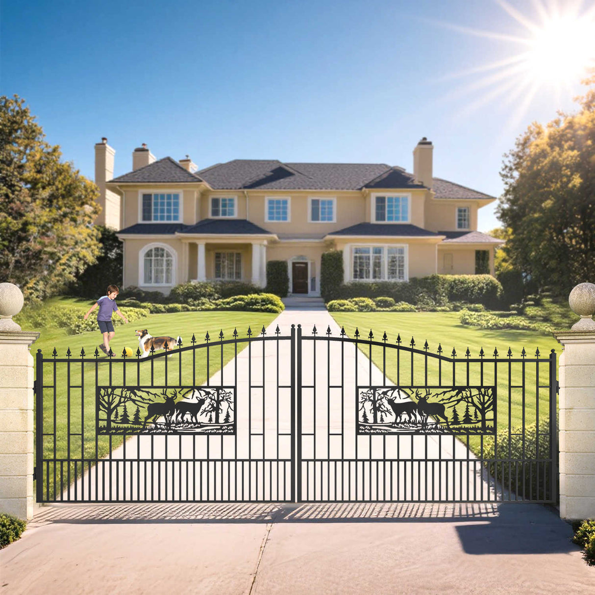 18.7' × 7.1' Powder-Coated Dual-Swing Driveway Gate with Deer Design