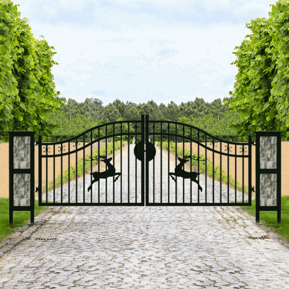 20' × 8' Powder-Coated Iron Dual-Swing Driveway Gate with Deer Motif