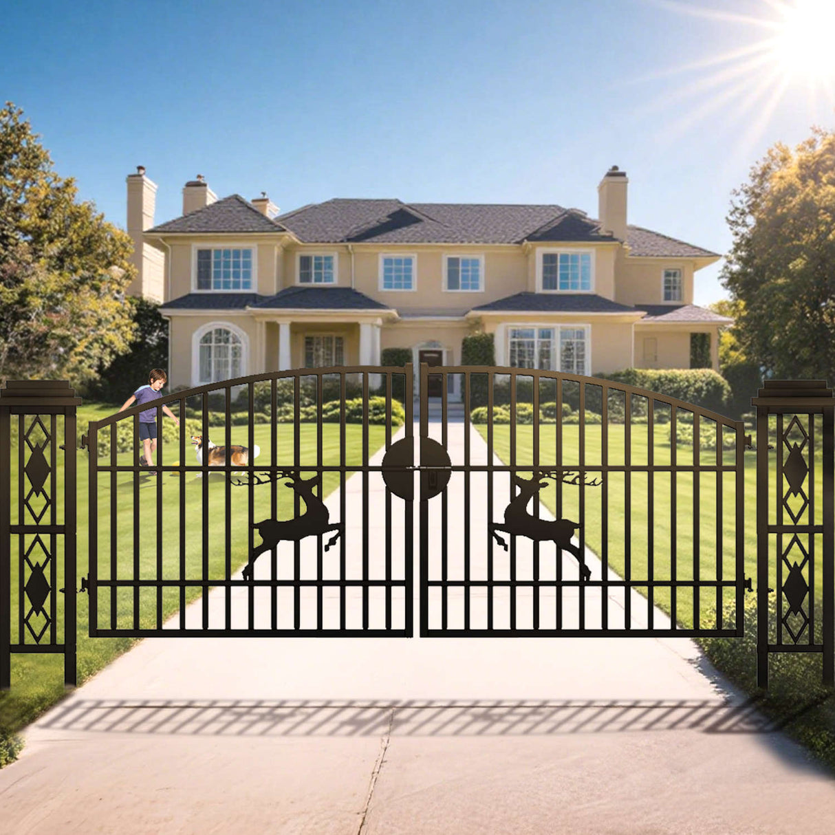 20' × 8' Powder-Coated Iron Dual-Swing Driveway Gate with Deer Motif
