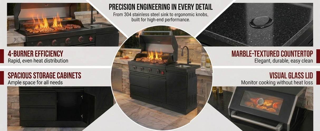 65" Outdoor Kitchen with 4-Burner Grill, Round Side Burner & Refrigerator – Black