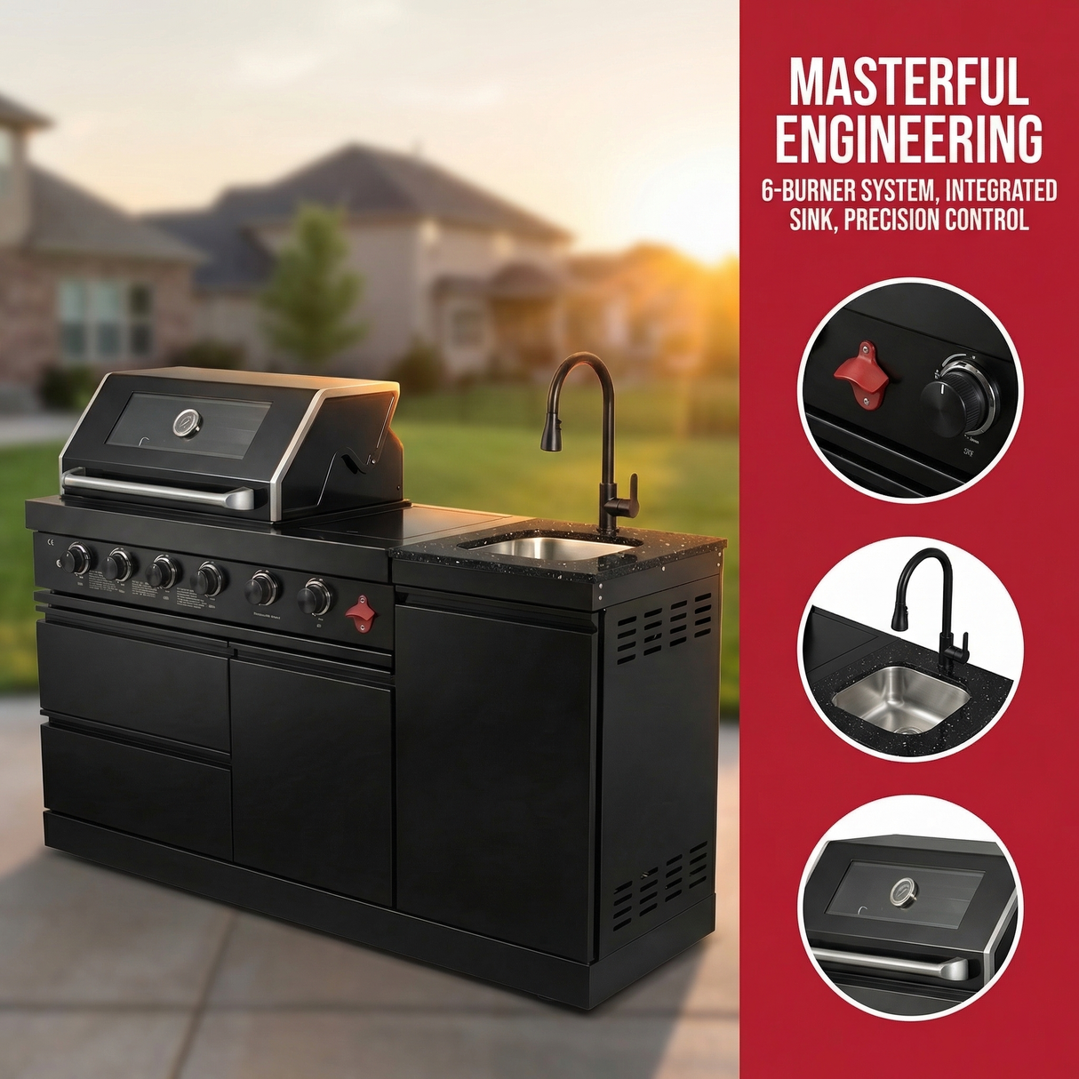 65" Outdoor Kitchen with 4-Burner Grill, Round Side Burner & Refrigerator – Black