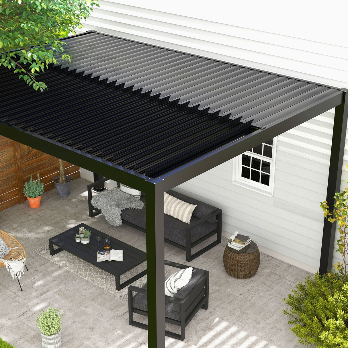 Adjustable Louvered Pergola with Hand Crank & Drainage System – Black