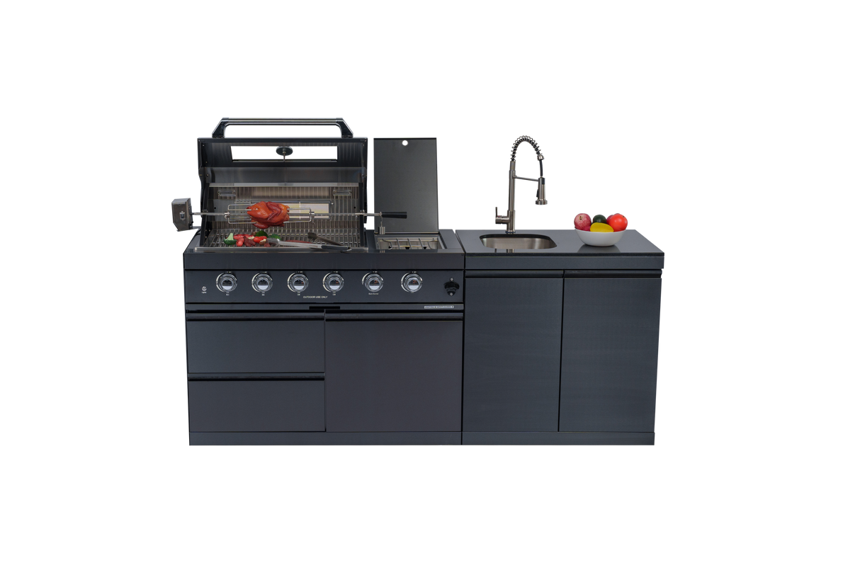 79" 72,000 BTU Propane Outdoor Kitchen with Side Burner, Rotisserie & Sink – Black