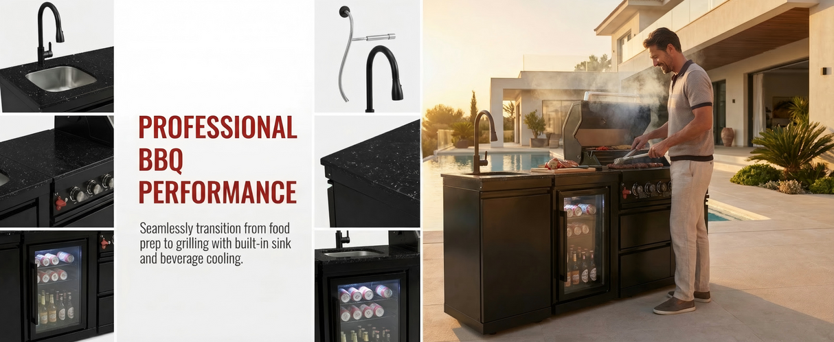82" 85,000 BTU Outdoor Kitchen with 6-Burner Grill, Sink & Beverage Refrigerator – Black