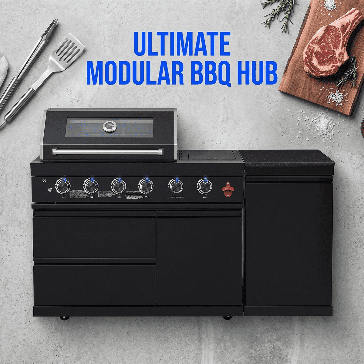 65" Outdoor Kitchen with 4-Burner Grill, Side Burner & Refrigerator – Black