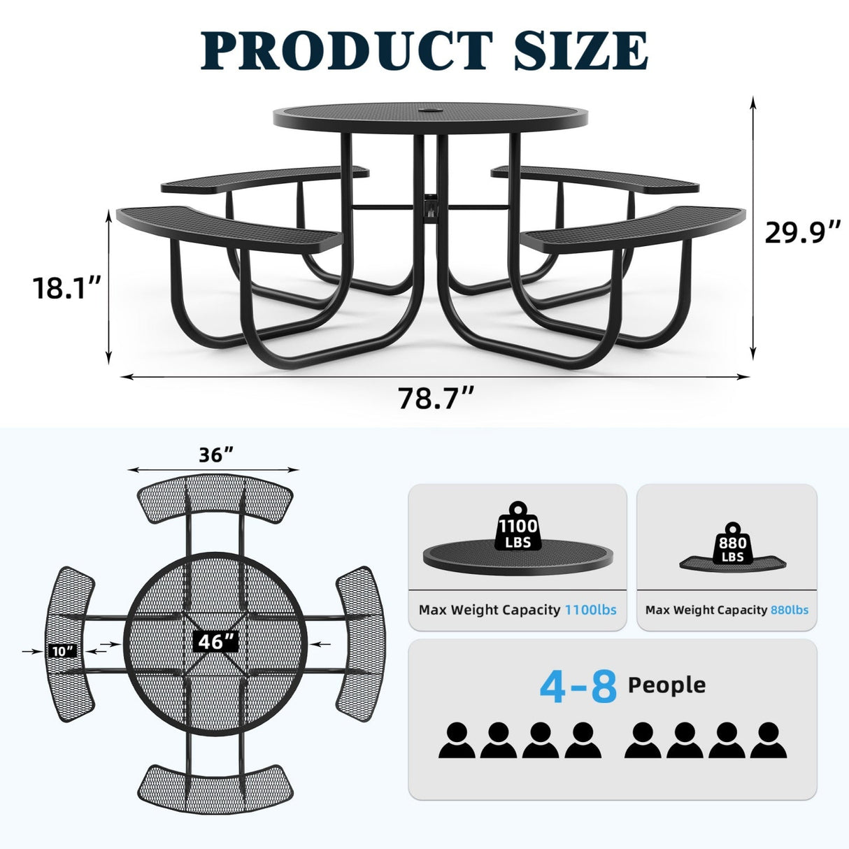 46" Round Heavy-Duty Coated-Steel Picnic Table with Umbrella Hole