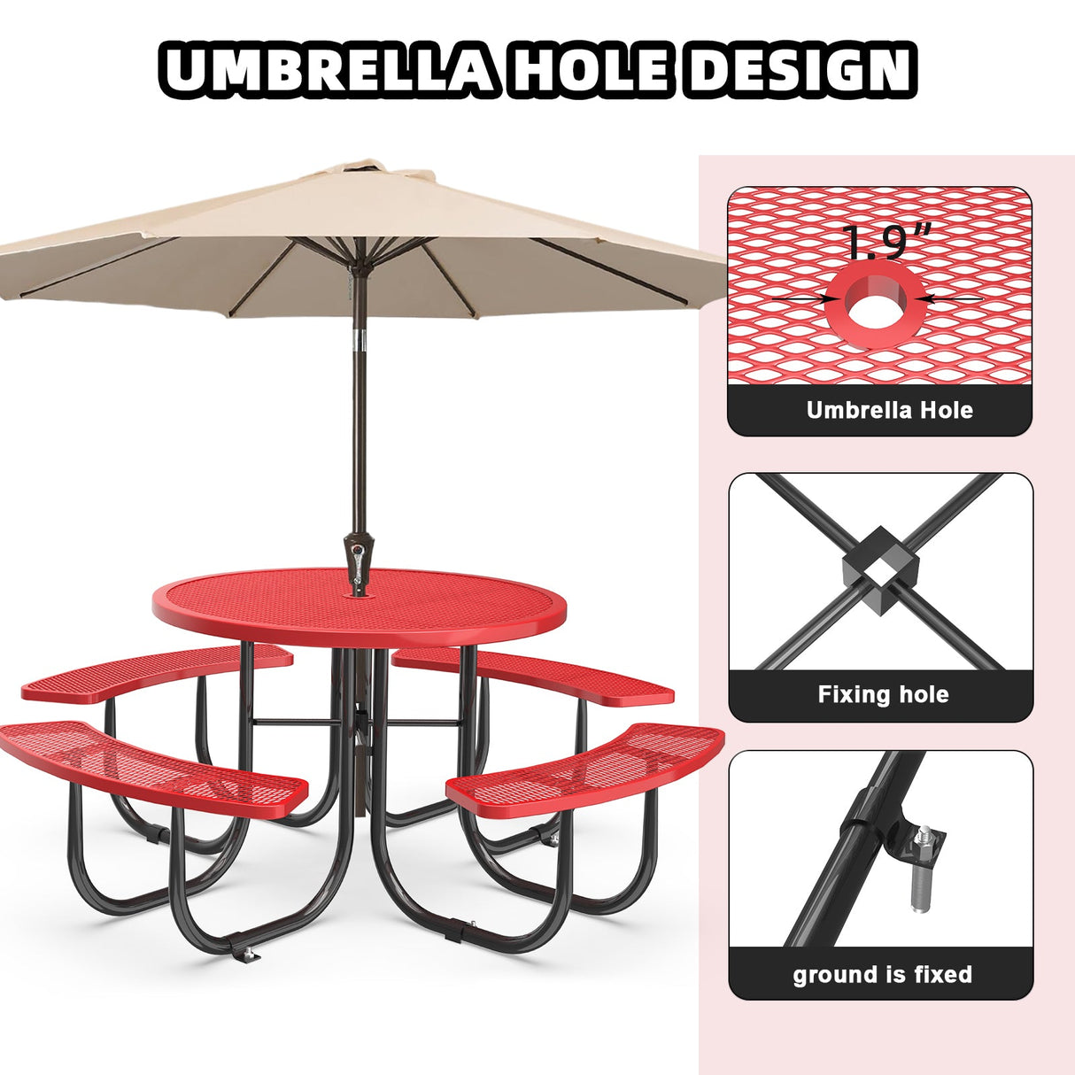 46" Round Heavy-Duty Coated-Steel Picnic Table with Umbrella Hole