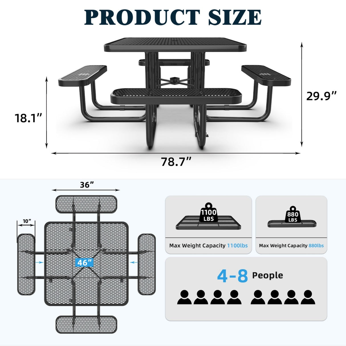 46" Square Heavy-Duty Coated-Steel Picnic Table with Umbrella Hole