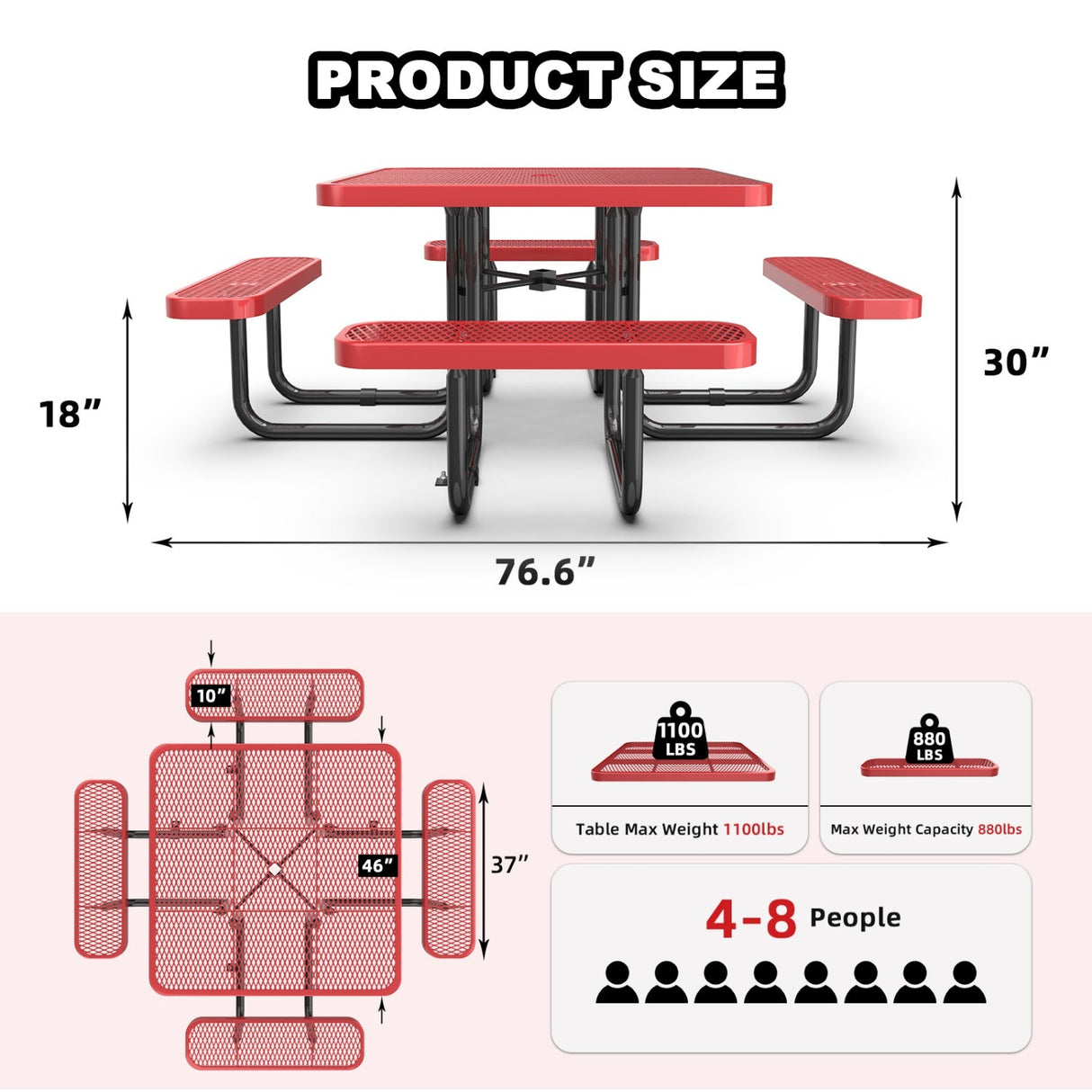 46" Square Heavy-Duty Coated-Steel Picnic Table with Umbrella Hole
