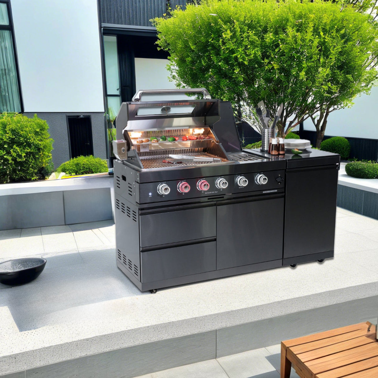 65" Propane Outdoor Kitchen with 4-Burner Grill, Side Burner & Rotisserie – Black