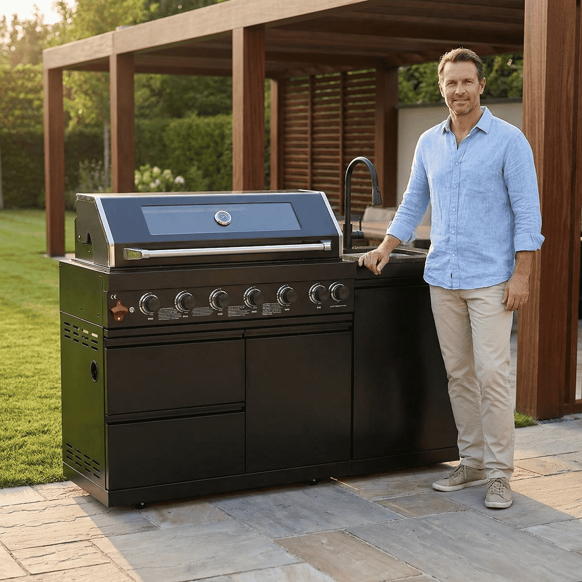 63" Six-Zone 85,000 BTU Outdoor Kitchen with Refrigerator & Sink – Black
