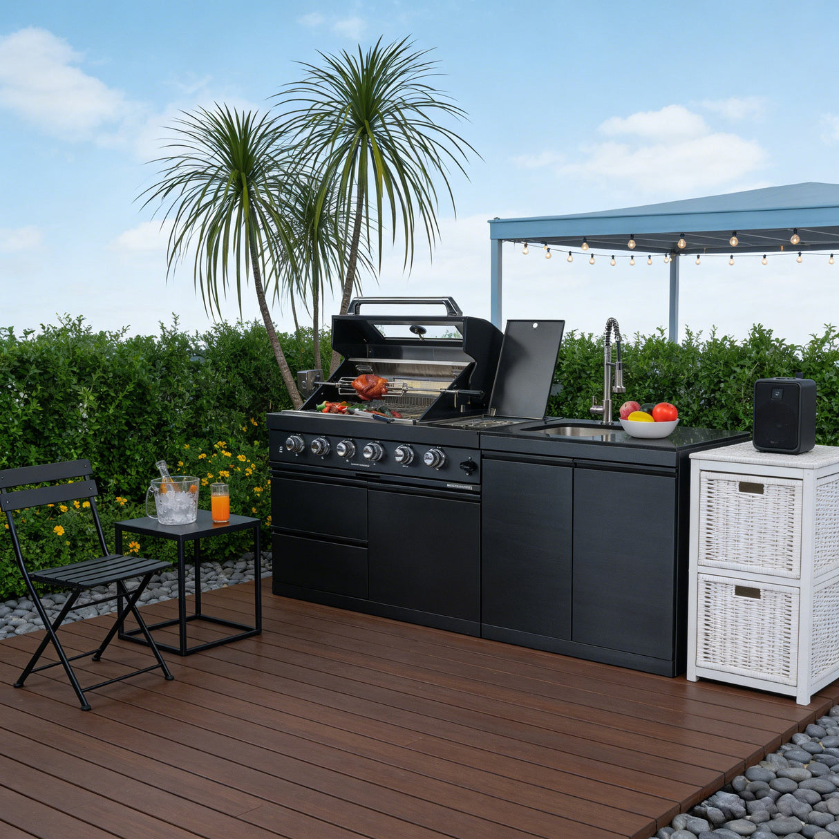 79" 72,000 BTU Propane Outdoor Kitchen with Side Burner, Rotisserie & Sink – Black