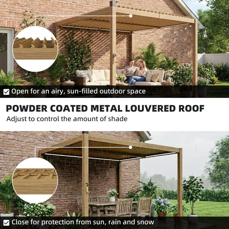 9.8' × 9.8' Metal Louvered Pergola with Solar LED Lighting – Brown