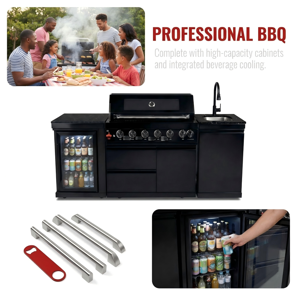 82" 85,000 BTU Outdoor Kitchen with 6-Burner Grill, Sink & Beverage Refrigerator – Black