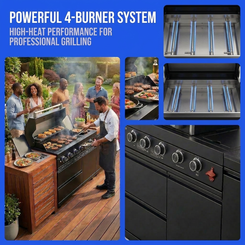 65" Outdoor Kitchen with 4-Burner Grill, Side Burner & Refrigerator – Black
