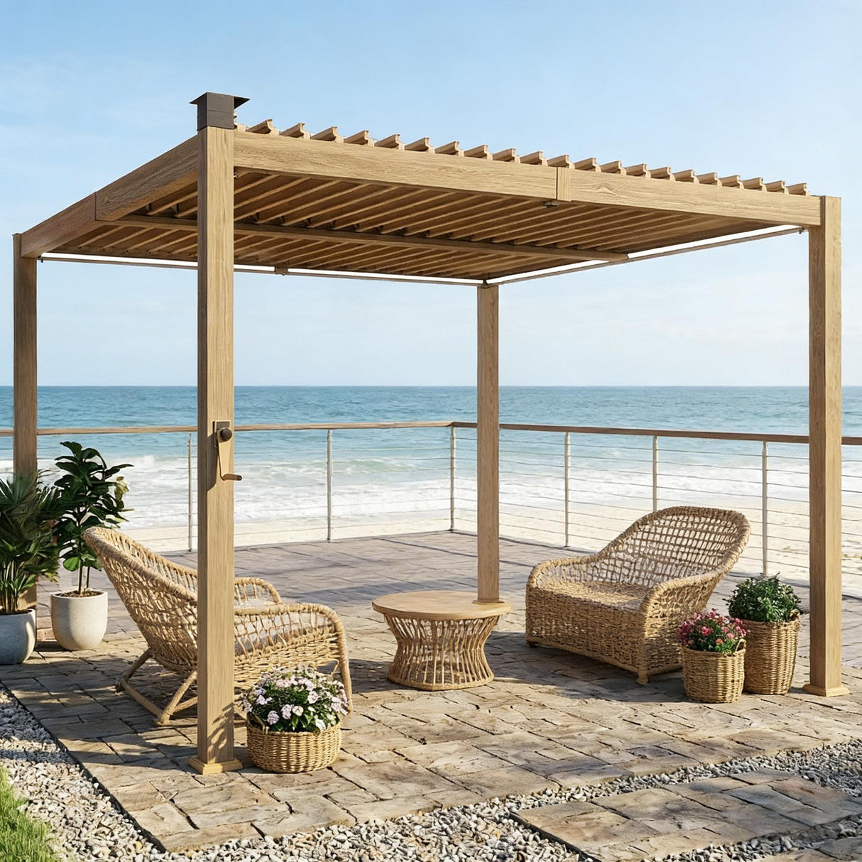 9.8' × 9.8' Metal Louvered Pergola with Solar LED Lighting – Brown