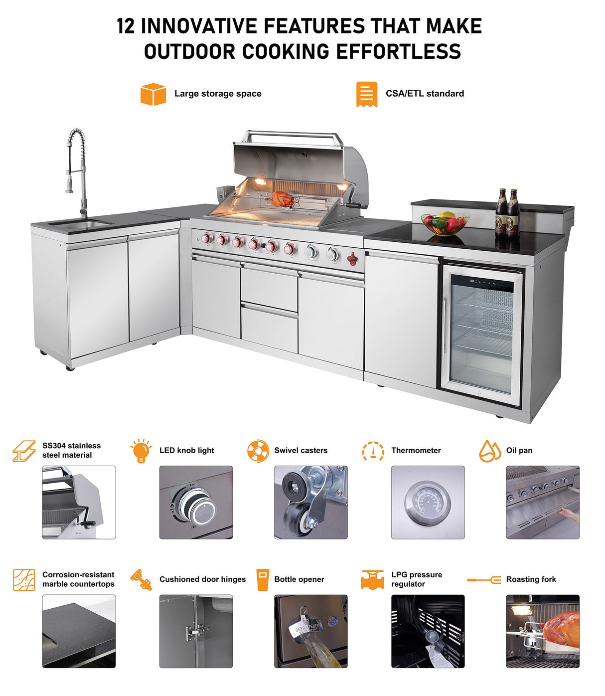 82.5" 83,500 BTU Outdoor Kitchen with 6-Burner Grill, Refrigerator & Sink – Silver