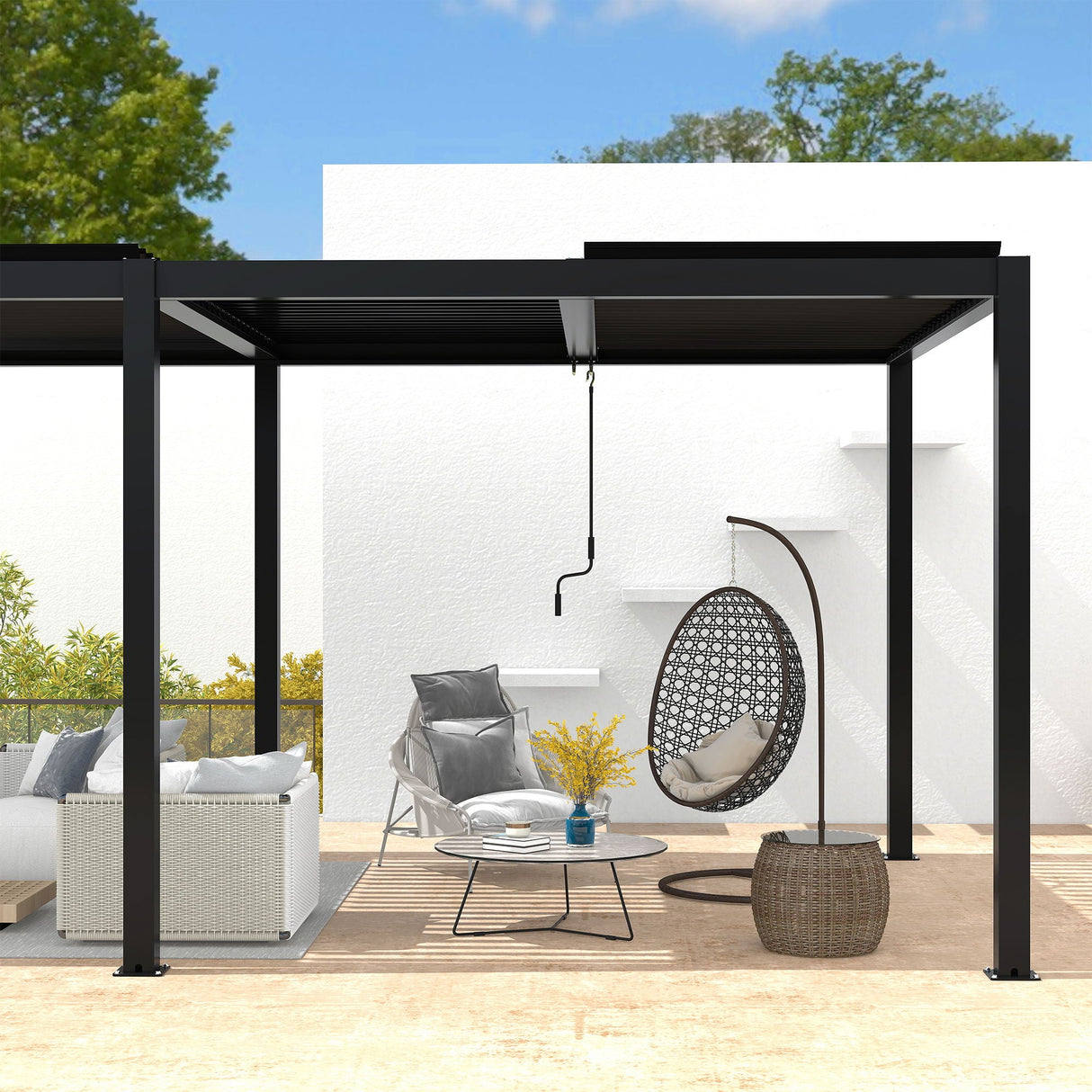 Adjustable Louvered Pergola with Hand Crank & Drainage System – Black