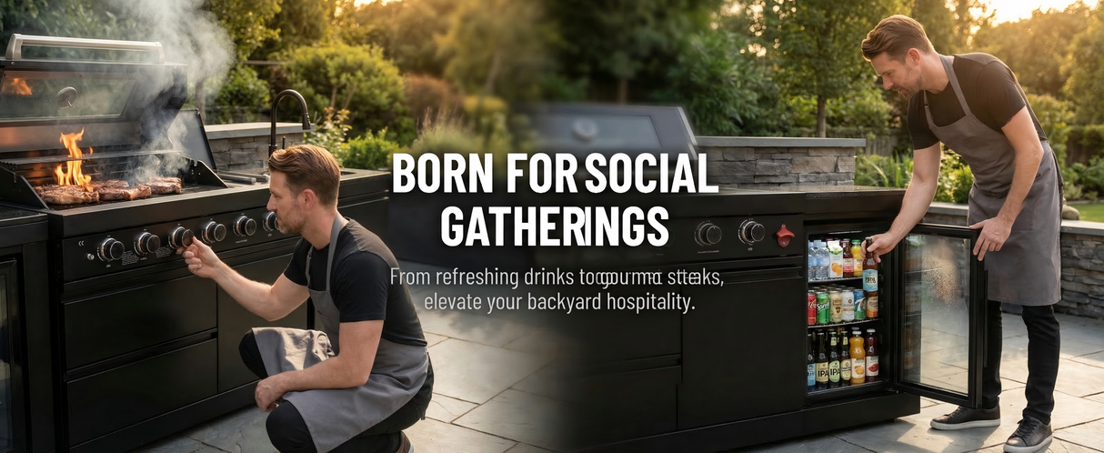 85" Outdoor Kitchen with 4-Burner Grill, Compact Refrigerator & Sink – Black