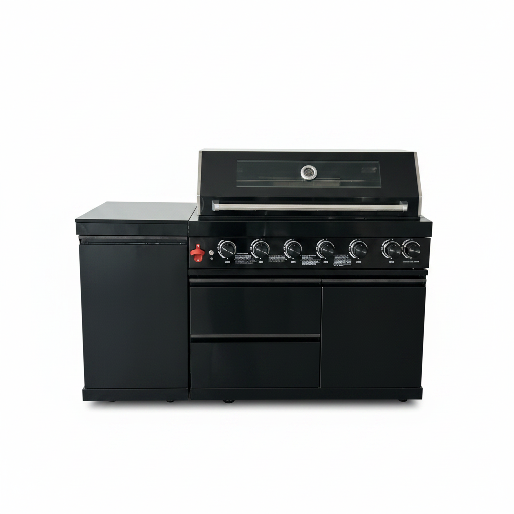 63" Six-Zone 85,000 BTU Outdoor Kitchen with Refrigerator & Marble Countertops – Black