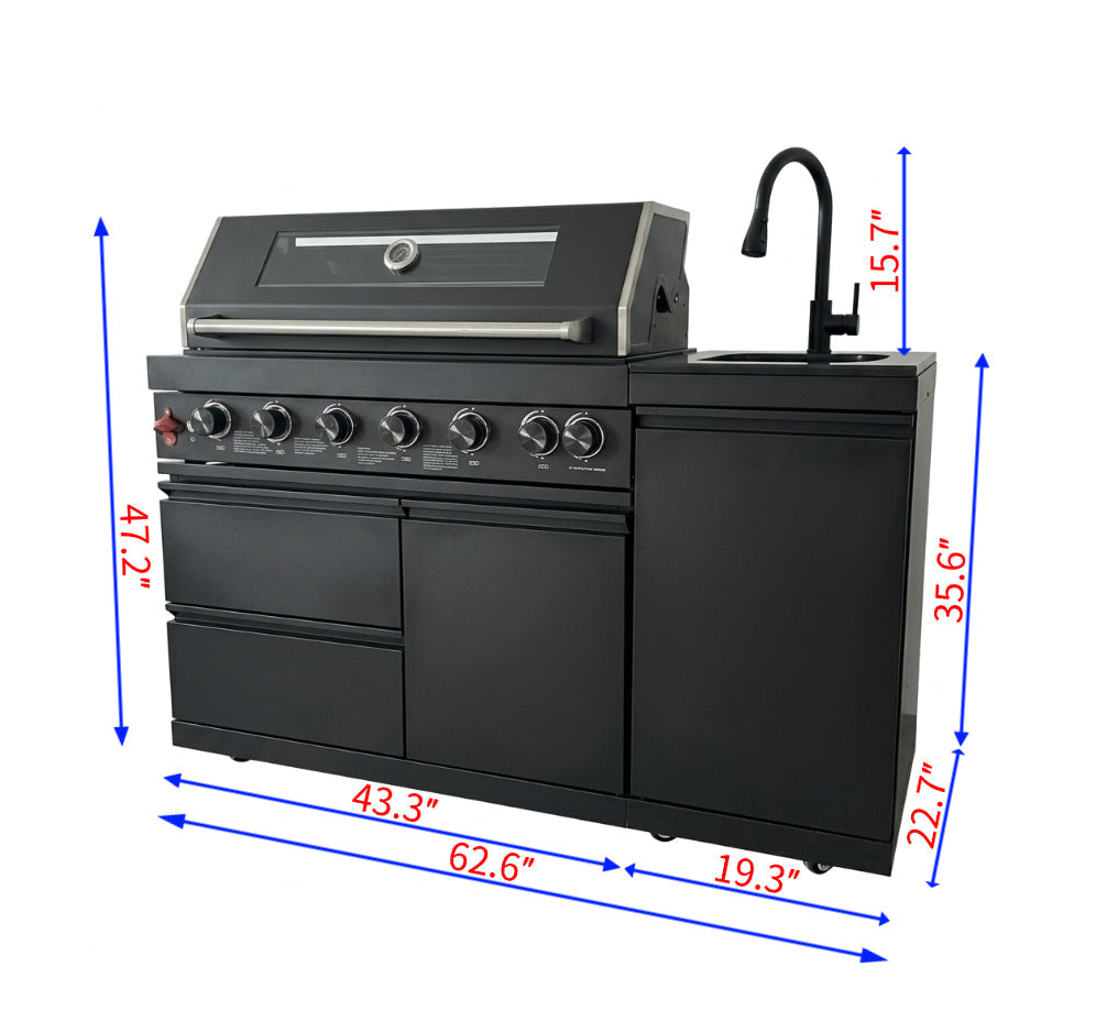 63" Six-Zone 85,000 BTU Outdoor Kitchen with Refrigerator & Sink – Black
