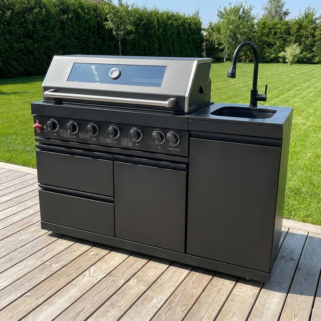 63" Six-Zone 85,000 BTU Outdoor Kitchen with Refrigerator & Sink – Black