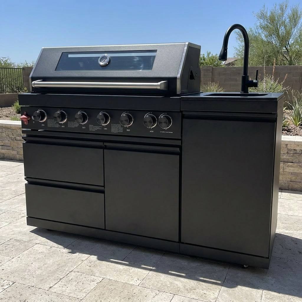 63" Six-Zone 85,000 BTU Outdoor Kitchen with Refrigerator & Sink – Black