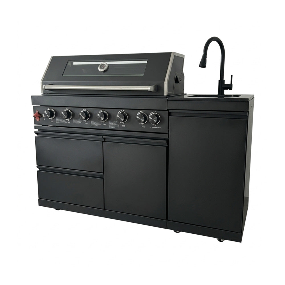 63" Six-Zone 85,000 BTU Outdoor Kitchen with Refrigerator & Sink – Black