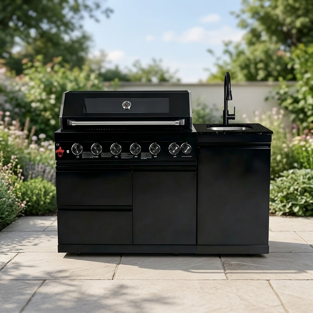 63" Six-Zone 85,000 BTU Outdoor Kitchen with Refrigerator & Sink – Black