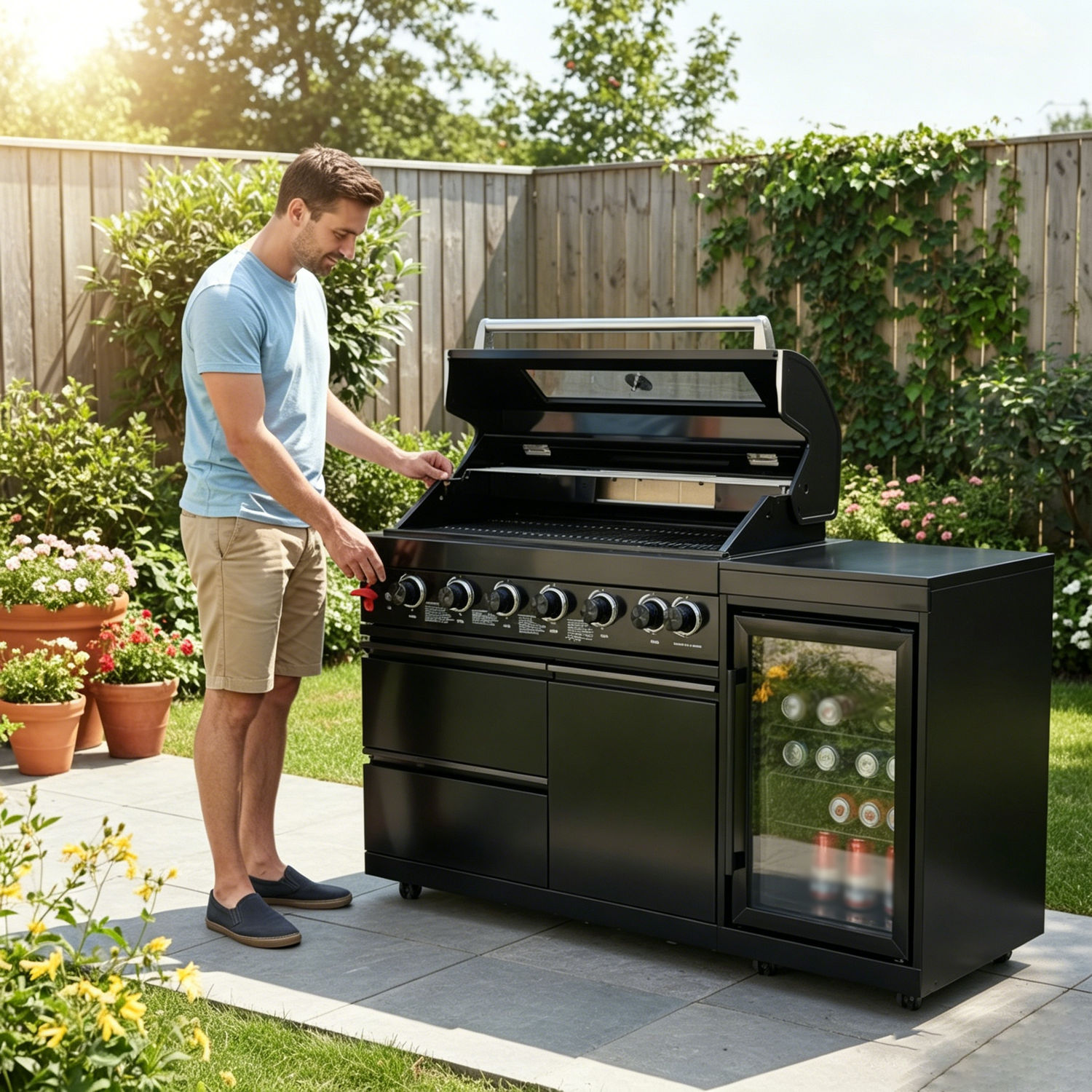 63" Six-Zone 85,000 BTU Outdoor Kitchen Island with Refrigerator & Sink – Black