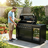 63" Six-Zone 85,000 BTU Outdoor Kitchen Island with Refrigerator & Sink – Black