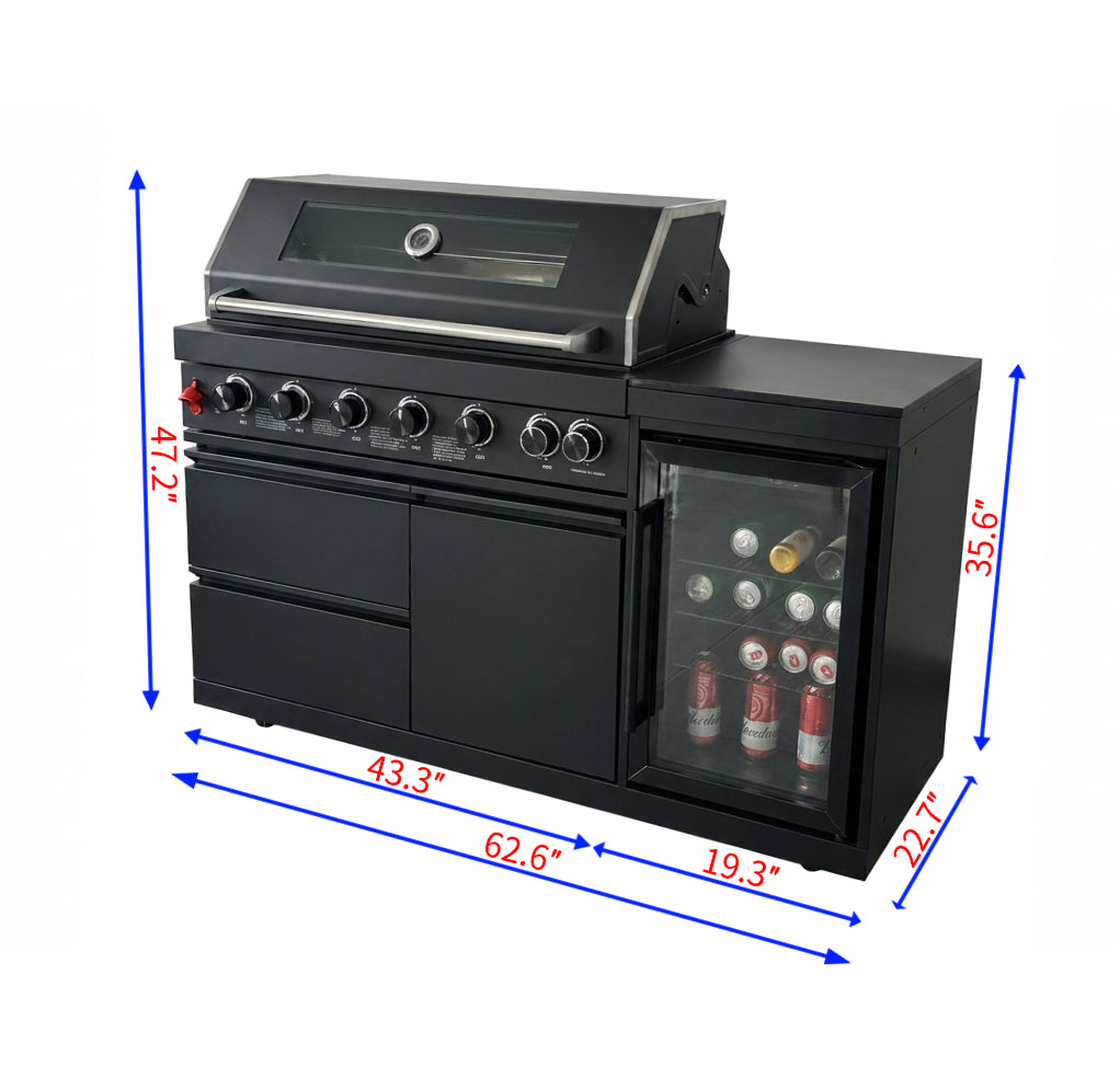 63" Six-Zone 85,000 BTU Outdoor Kitchen Island with Refrigerator & Sink – Black
