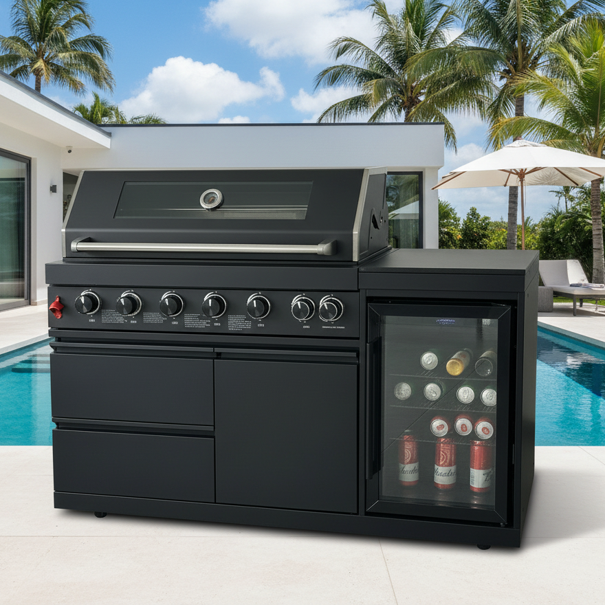 63" Six-Zone 85,000 BTU Outdoor Kitchen Island with Refrigerator & Sink – Black