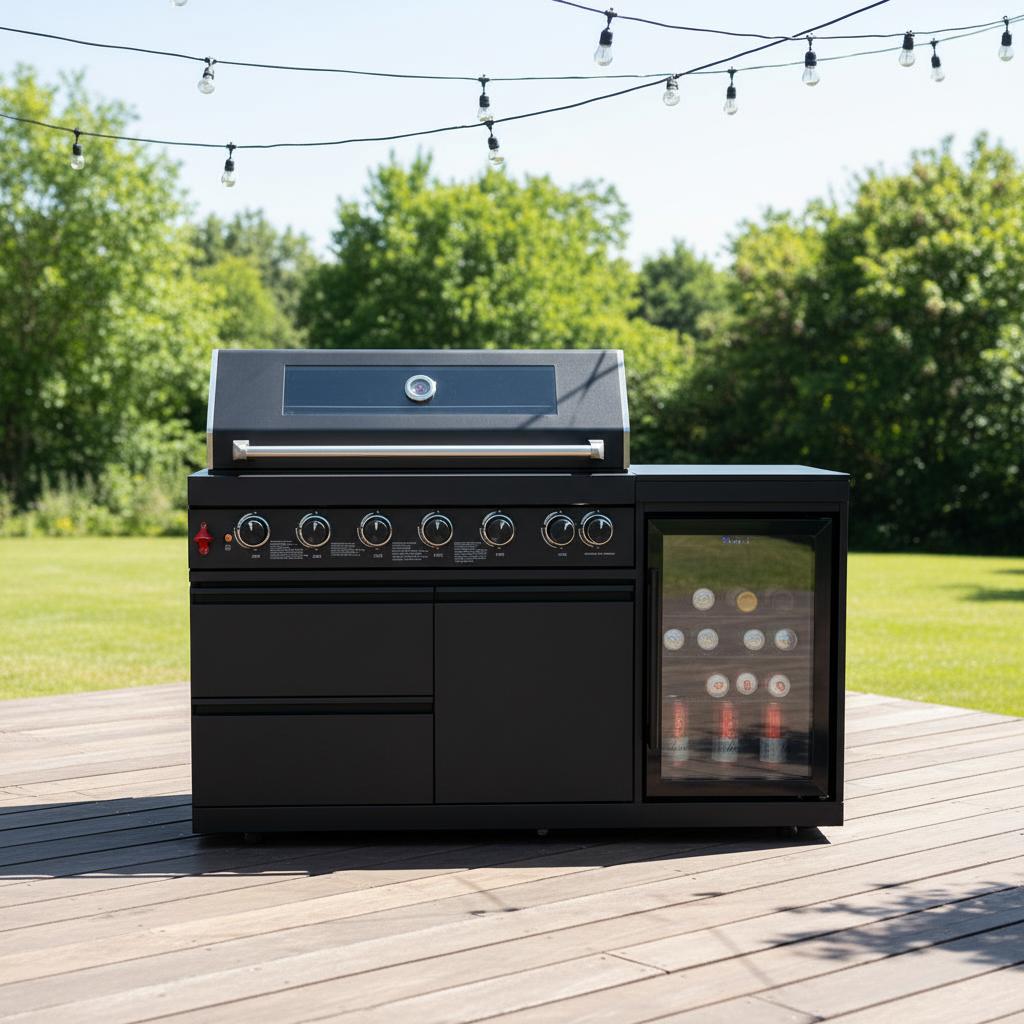 63" Six-Zone 85,000 BTU Outdoor Kitchen Island with Refrigerator & Sink – Black